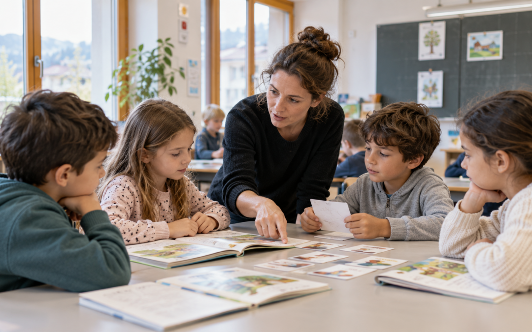 Professora acompanha alunos durante uma atividade escolar numa sala de aula.