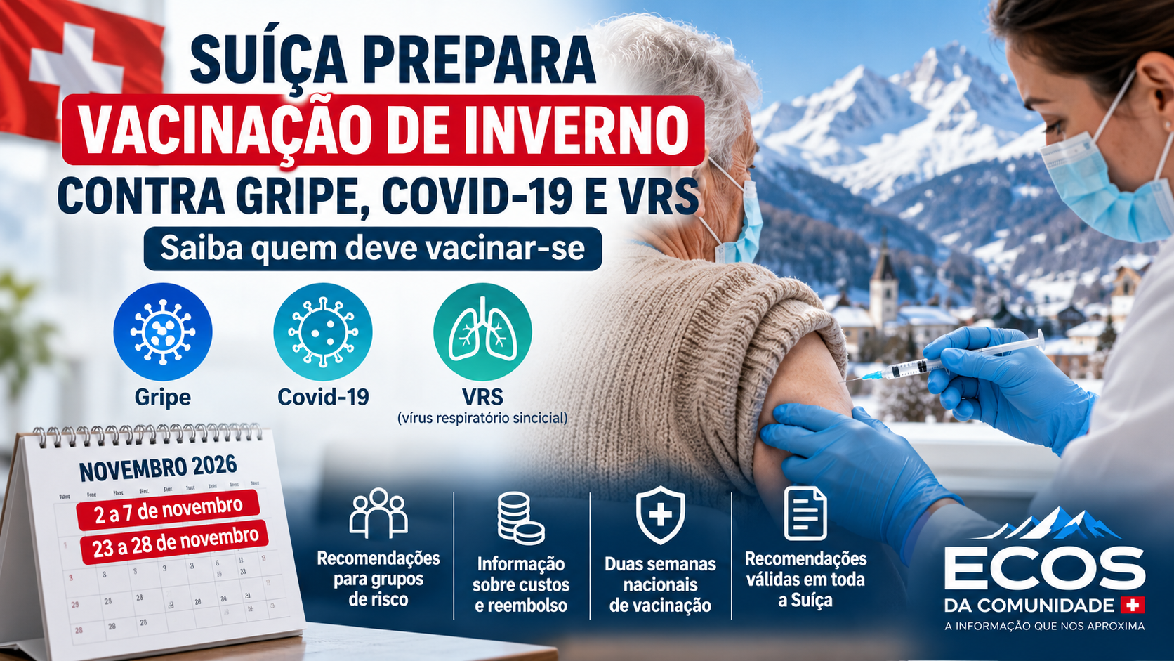 Suíça prepara vacinação de inverno contra gripe, Covid-19 e VRS: saiba quem deve vacinar-se
